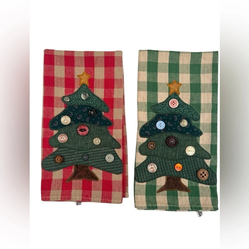 Vtg Set of 2 1990's Fun Creations Christmas Plaid Dishtowel Plaid Buttons